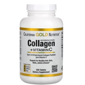 California Gold Nutrition Hydrolyzed Collagen Peptides + Vitamin C Support for Hair, Skin, Nails, Joints, Bones - Featuring Type I & III Collagen Peptides - Gluten Free, Non-GMO - 250 Tablets (Expiry date 11/2023)